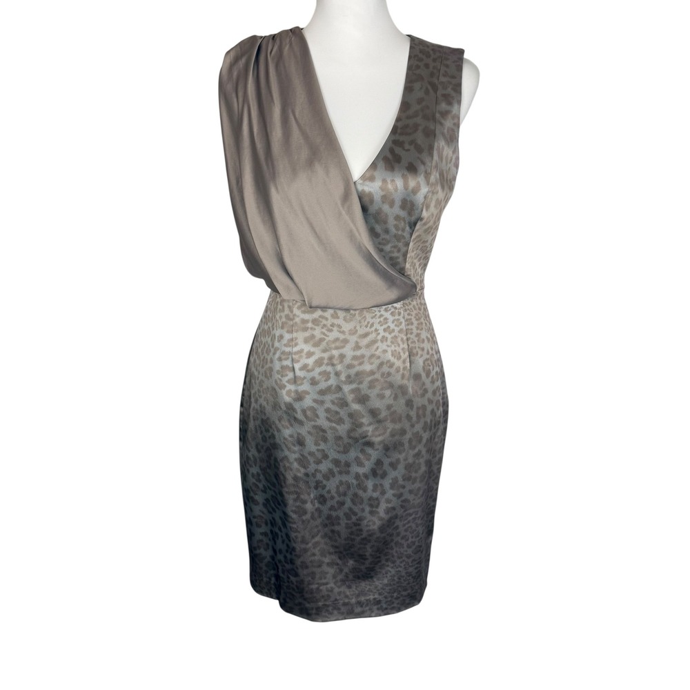 Black Halo Womens Leopard‎ Print Draped Sheath Dress V-Neck Taupe Brown Size 6